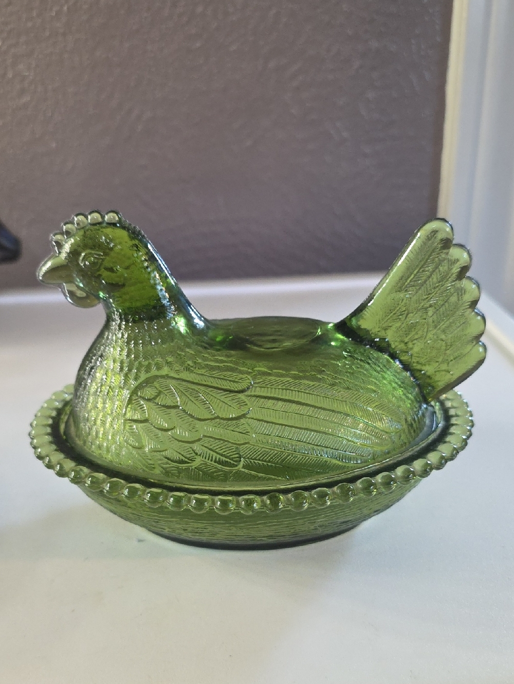 Vintage Indiana Glass Olive Green Glass Hen on Nest Dish